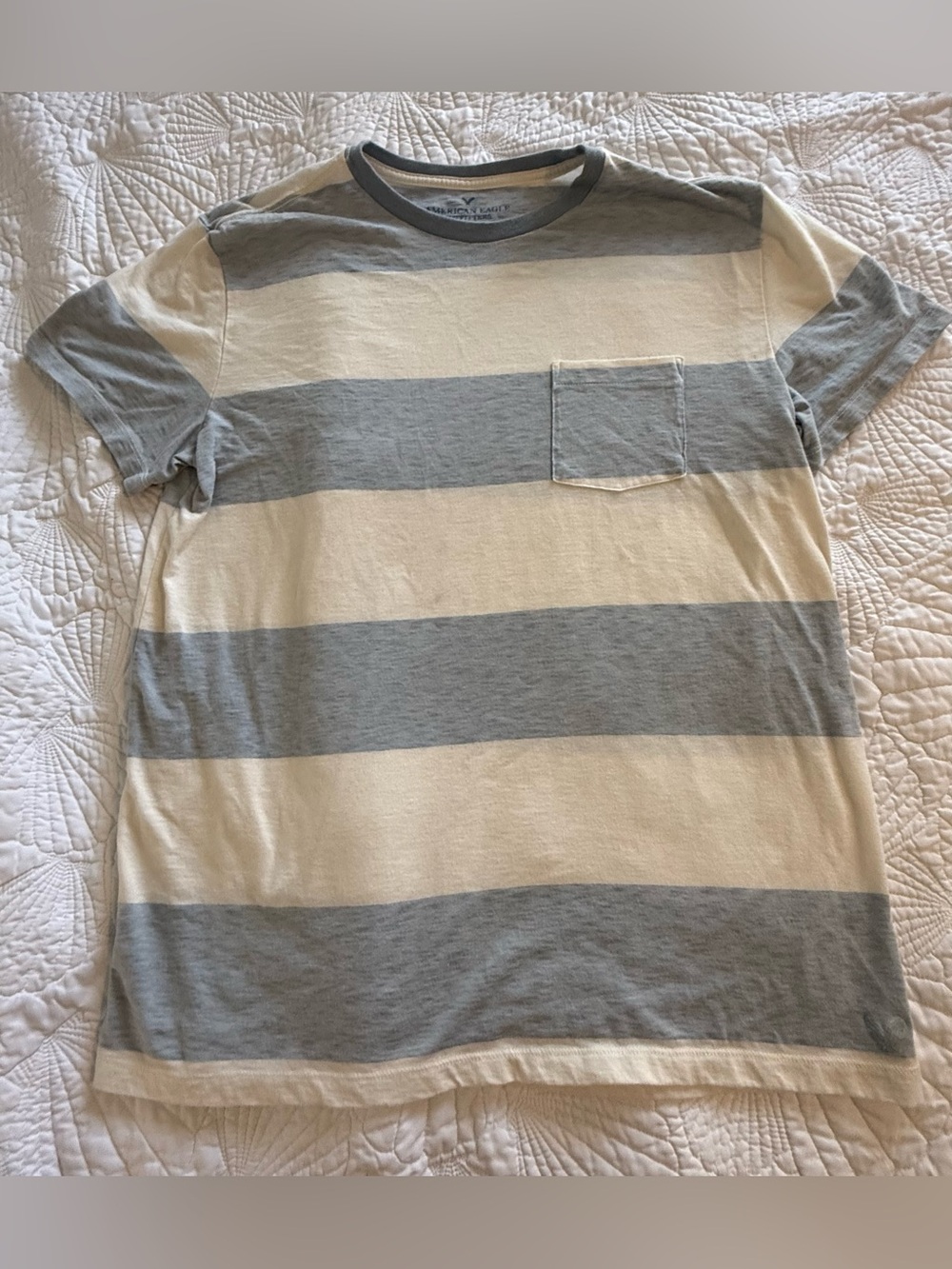 American Eagle Outfitters Wide-Stripe Pocket Tee - Gray & Cream